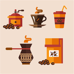 Modern Flat Style Coffee Vector Set – Bold Icons of Grinder, Espresso Cup, Turkish Pot, Takeaway Cup and Coffee Beans for Cafe Branding and Packaging