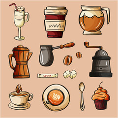 Hand-Drawn Coffee Vector Illustration Pack – Cappuccino, Latte Art, Milkshake, Grinder, Moka Pot, Turkish Coffee Pot, Sugar Cubes, and Barista Accessories