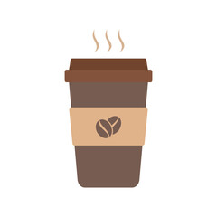Flat vector of a hot takeaway coffee cup with steam, brown lid, and coffee bean logo on the sleeve. Ideal for cafe branding, food delivery, barista, breakfast, and coffee-related visuals.