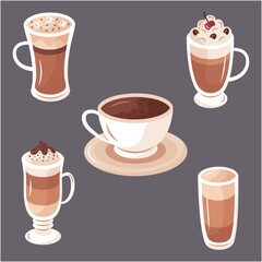 Minimalist Coffee Equipment and Drink Illustration – Flat Design Icons of Coffee Maker, Beans, and Cup for Menu, Web, or Cafe Poster Design