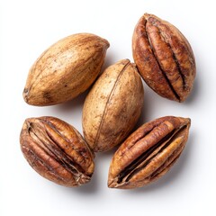 Close-up shot of five pecan nuts on display