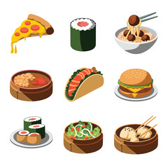 vector icons cooking food chef hat include a pizza slice, a sushi roll, spaghetti and meatballs, a curry bowl burger , fish 
