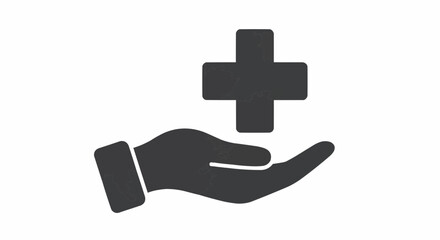 A stylized hand offering a medical plus sign symbol against a plain white background in a simple graphic