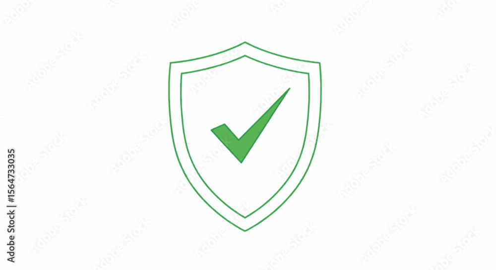 Poster green shield with a check mark inside it indicating security and approval in a simple line drawing
