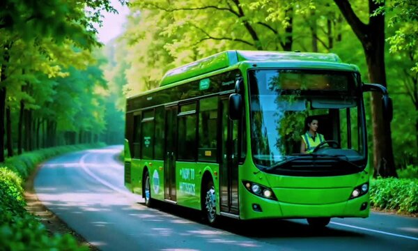 A green electric bus traveling on a road surrounded by trees. The bus has a modern design with a sleek, aerodynamic shape and large windows.
