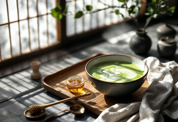 Matcha latte with honey in cozy Japanese setting