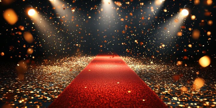 Red carpet event with shining lights and sparkling confetti creating a glamorous atmosphere