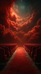 Dark theater with red seats and dramatic clouds during an eerie twilight hour