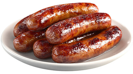Sausages on plate cooked and glistening on transparent background
