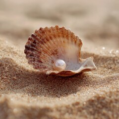 A single lustrous pearl nestled inside a seashell, resting on soft sand. The scene evokes a sense of serenity and the beauty of the ocean