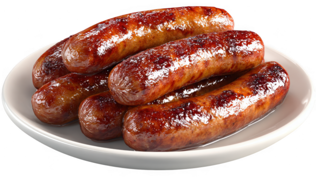 Sausages on plate cooked and glistening on transparent background