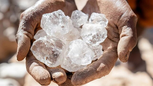 Raw uncut gems in hands of miner: precious minerals and natural resources