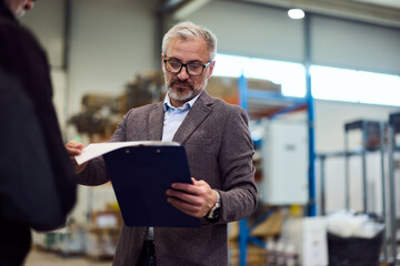 Professional Manager Assessing Documents at Warehouse with Industrial Shelves in Background