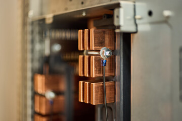 Close-Up of Copper Connections in Industrial Electrical Equipment Cabinet