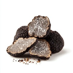 An array of exquisite black truffles, freshly harvested and ready for gourmet use. Sliced truffle, highlighting the intricate pattern and texture