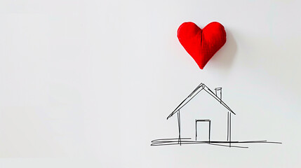 Minimal Line Drawing of a House with Floating Red Heart on White Background