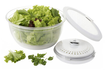 Fresh green lettuce in a salad spinner isolated on transparent background