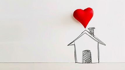 Minimal Line Drawing of a House with Floating Red Heart on White Background