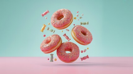 Photo of four pink donuts with sprinkles and candies float against a light blue background