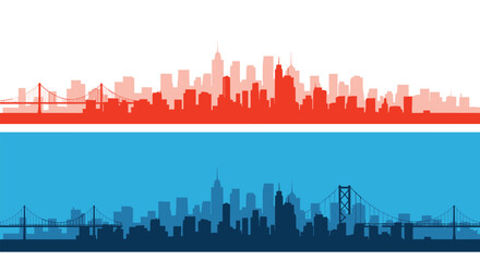 Fototapeta premium Red And Blue Cityscape With Bridges Silhouettes