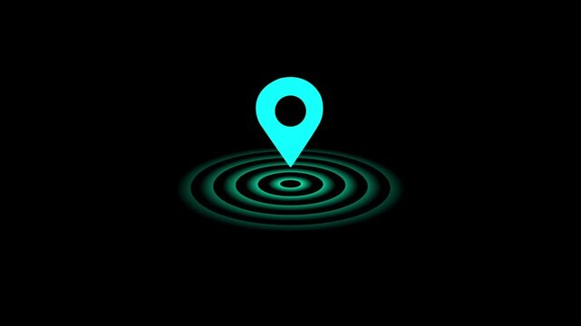 GPS location pin icon with radio wave animation, Location symbol, Animation map pin in cyan color or black background .