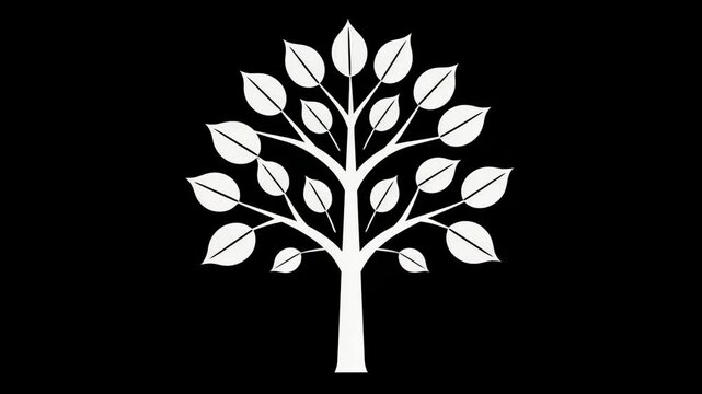 White stylized tree on black background. Simple tree graphic with leaves and branches. Elegant tree image for logo design, branding, and website decoration.