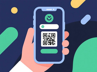 Hand holds smartphone displaying a QR code for digital access and secure identification, illustrated in a modern flat style.