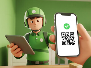 A delivery worker cartoon scans a digital QR code on a smartphone, using a tablet for efficient service in green uniform.