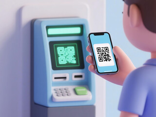 Mobile payment at ATM with QR code, person using smartphone for contactless money withdrawal, illustration of financial technology