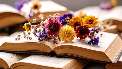 Obraz premium Dried Flowers on Vintage Book Pages 