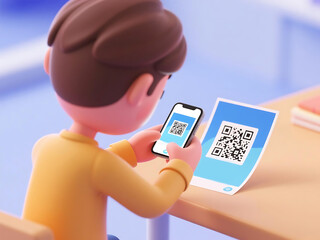 Cartoon character scans a QR code with a smartphone, illustrating mobile payment and digital technology.