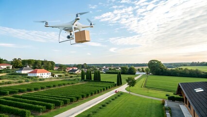 Aerial drone delivering a package over a rural landscape with fields and houses on a sunny day
