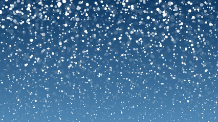 Snowing effect background. Winter night snowfall vector illustration with simple white snowflakes on blue.