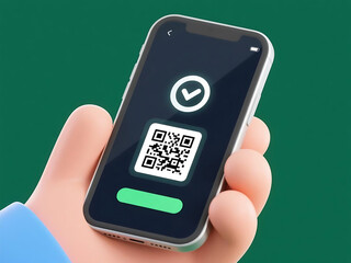 Displaying a digital identity verification on a smartphone held by a cartoon hand against a dark green backdrop.