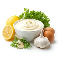 A close-up shot showcases fresh homemade mayonnaise surrounded by its key ingredients
