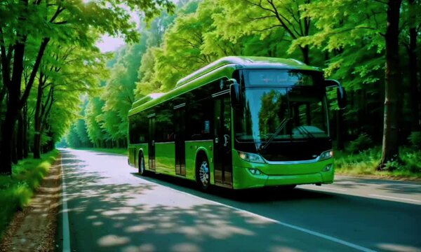 A green bus driving down a road surrounded by dense green trees and foliage, indicating a scenic and natural setting.