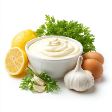 A close-up shot showcases fresh homemade mayonnaise surrounded by its key ingredients