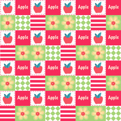 A vibrant and playful pattern featuring apples, flowers, and geometric elements