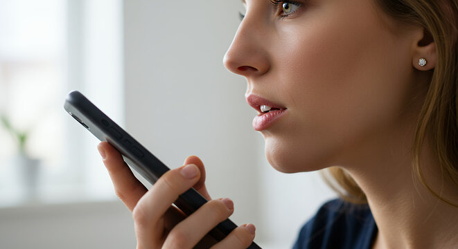 Voice Activated: Beautiful Woman Uses Smartphone for Voice Command, AI Assistant, or Dictation. Modern Communication Concept.
