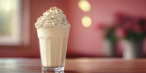 Delicious creamy dessert served in glass cup with whipped cream topping and garnished with nuts during afternoon tea time