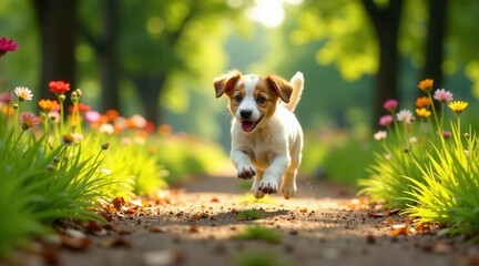 Fototapeta premium Joyful Puppy Leaps Through a Sunny Path Lined with Blooming Wildflowers, Embracing the Warmth and Beauty of Nature's Embrace