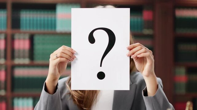 Lawyer Woman Holding Paper With Question Mark In Front Of Face At Desk