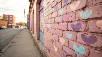 A brick wall painted with hearts along a city street during the day with buildings in the background