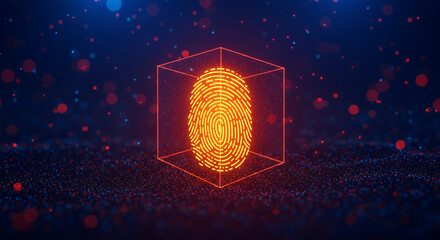 Secure Identity: Glowing Fingerprint in Cube - Digital Security, Biometrics & Cyber Protection