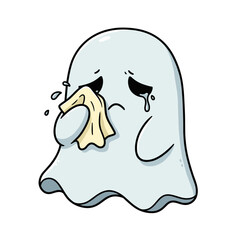 Cartoon-style line art of a crying ghost holding a handkerchief, with teardrops and a sad expression, illustrated in a cute and emotional way.