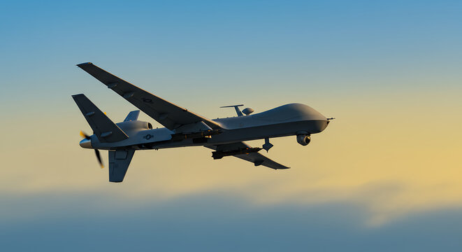 Drone in Flight: High-Altitude Surveillance, Military UAV, Advanced Technology, Skyward Mission, Aerial Power, Defense Innovation - Powered by Adobe