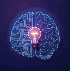 Brainwave Innovation: A radiant light bulb shines within the intricate framework of a brain, symbolizing the spark of innovation, idea generation, and technological advancement.