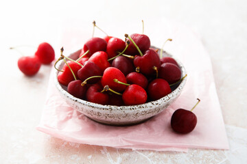 Freshly picked cherries in a bowl