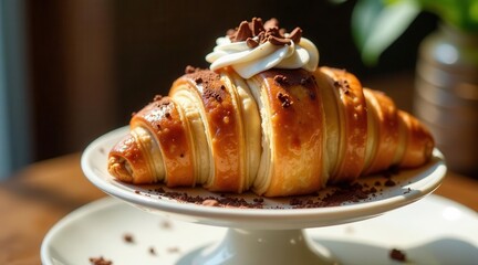 Golden-brown Croissant with Creamy Topping and Chocolate Dust on Elegant Cake Stand