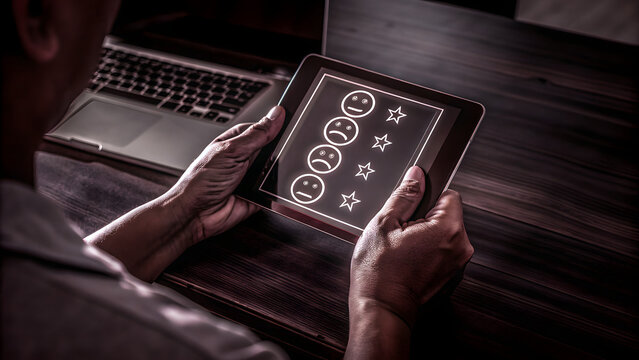 Closeup of hands holding a tablet showing a customer feedback survey with emojis and star ratings